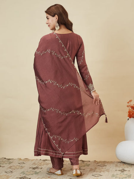 Women's Silk Straight Kurta Pant Set With Matching Silk Dupatta