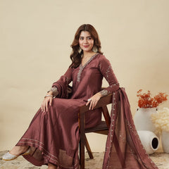 Women's Silk Straight Kurta Pant Set With Matching Silk Dupatta