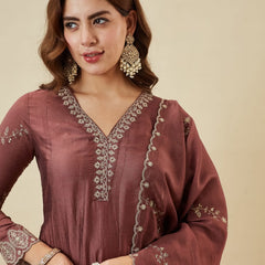 Women's Silk Straight Kurta Pant Set With Matching Silk Dupatta