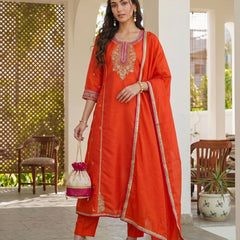 Women's Silk With Cotton Lining Embroidered A-Line Kurta with Pant & Chanderi Cotton Dupatta Set