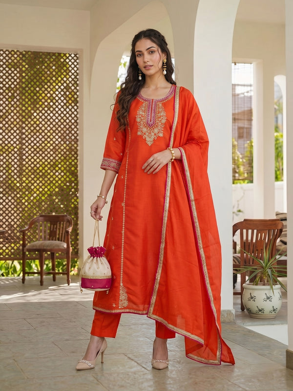 Women's Silk With Cotton Lining Embroidered A-Line Kurta with Pant & Chanderi Cotton Dupatta Set