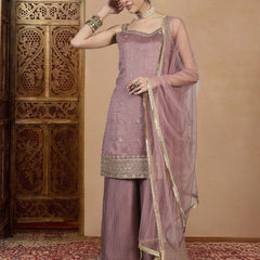 Women's Vichitra Silk Straight Kurta Pant Set With Net Dupatta