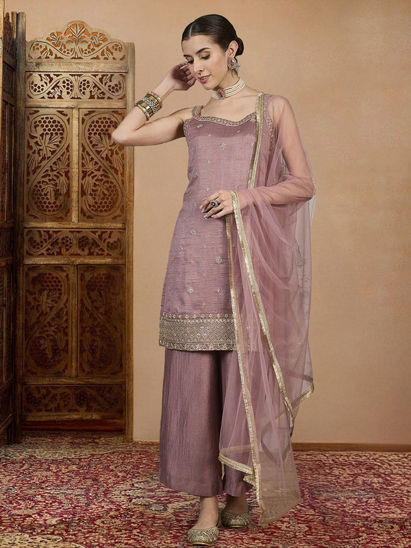 Women's Vichitra Silk Straight Kurta Pant Set With Net Dupatta