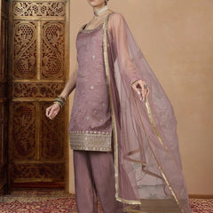 Women's Vichitra Silk Straight Kurta Pant Set With Net Dupatta