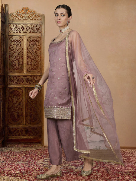 Women's Vichitra Silk Straight Kurta Pant Set With Net Dupatta