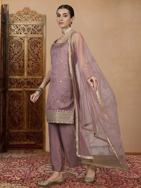 Women's Vichitra Silk Straight Kurta Pant Set With Net Dupatta