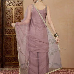 Women's Vichitra Silk Straight Kurta Pant Set With Net Dupatta