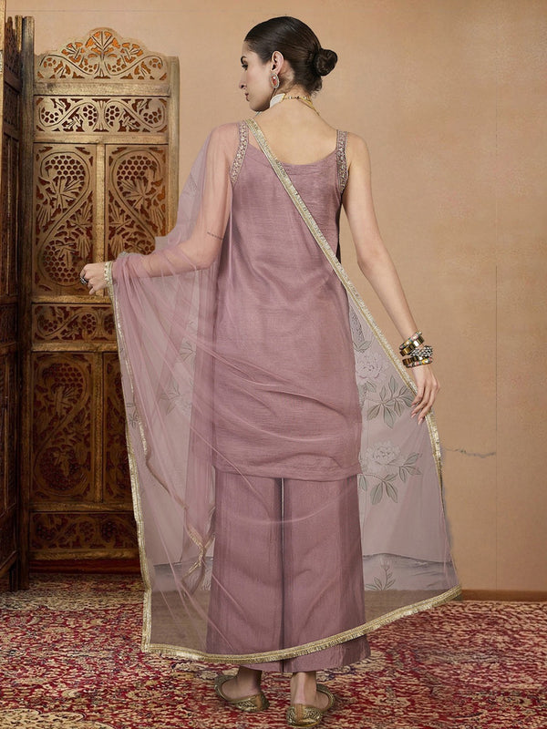 Women's Vichitra Silk Straight Kurta Pant Set With Net Dupatta
