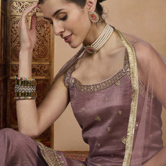 Women's Vichitra Silk Straight Kurta Pant Set With Net Dupatta