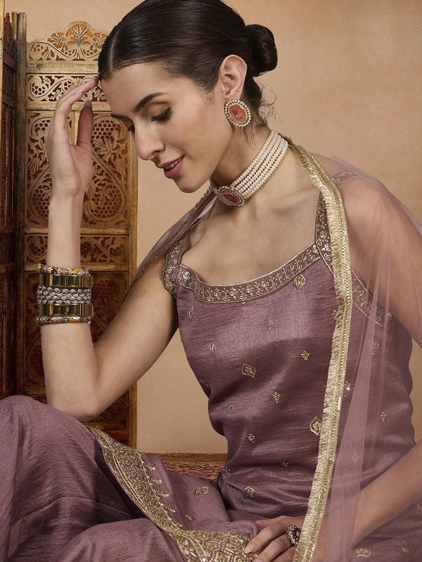 Women's Vichitra Silk Straight Kurta Pant Set With Net Dupatta
