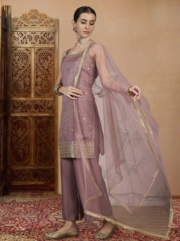 Women's Vichitra Silk Straight Kurta Pant Set With Net Dupatta