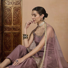 Women's Vichitra Silk Straight Kurta Pant Set With Net Dupatta