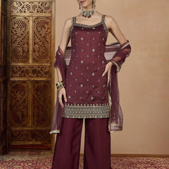 Women's Vichitra Silk Straight Kurta Pant Set With Net Dupatta