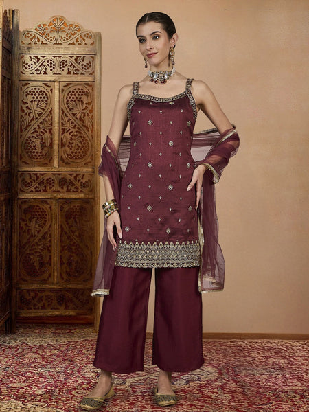 Women's Vichitra Silk Straight Kurta Pant Set With Net Dupatta