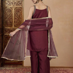 Women's Vichitra Silk Straight Kurta Pant Set With Net Dupatta