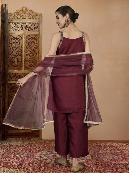 Women's Vichitra Silk Straight Kurta Pant Set With Net Dupatta
