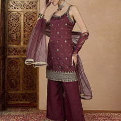 Women's Vichitra Silk Straight Kurta Pant Set With Net Dupatta