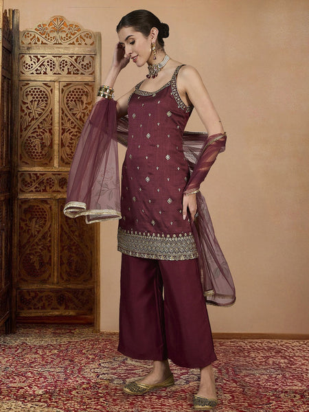 Women's Vichitra Silk Straight Kurta Pant Set With Net Dupatta