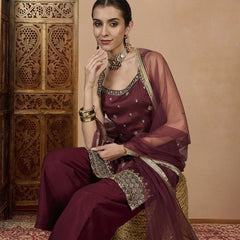 Women's Vichitra Silk Straight Kurta Pant Set With Net Dupatta