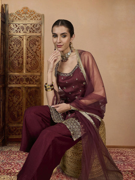 Women's Vichitra Silk Straight Kurta Pant Set With Net Dupatta
