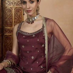 Women's Vichitra Silk Straight Kurta Pant Set With Net Dupatta