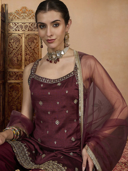 Women's Vichitra Silk Straight Kurta Pant Set With Net Dupatta