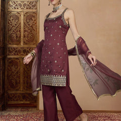 Women's Vichitra Silk Straight Kurta Pant Set With Net Dupatta