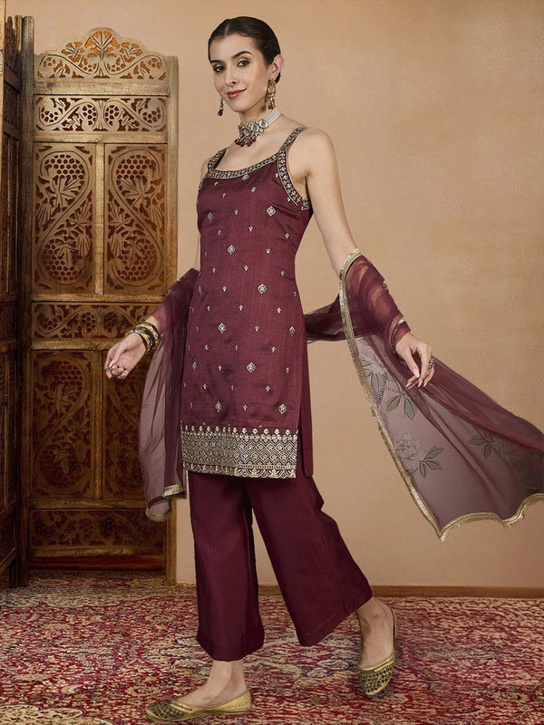 Women's Vichitra Silk Straight Kurta Pant Set With Net Dupatta