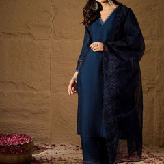 Premium Silk Blend Ethnic Suit Set With Organza Dupatta