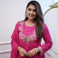 Women’s Chinnon Embroidered Flared Gown With Bottom & Soft Chanderi Cotton Dupatta Set