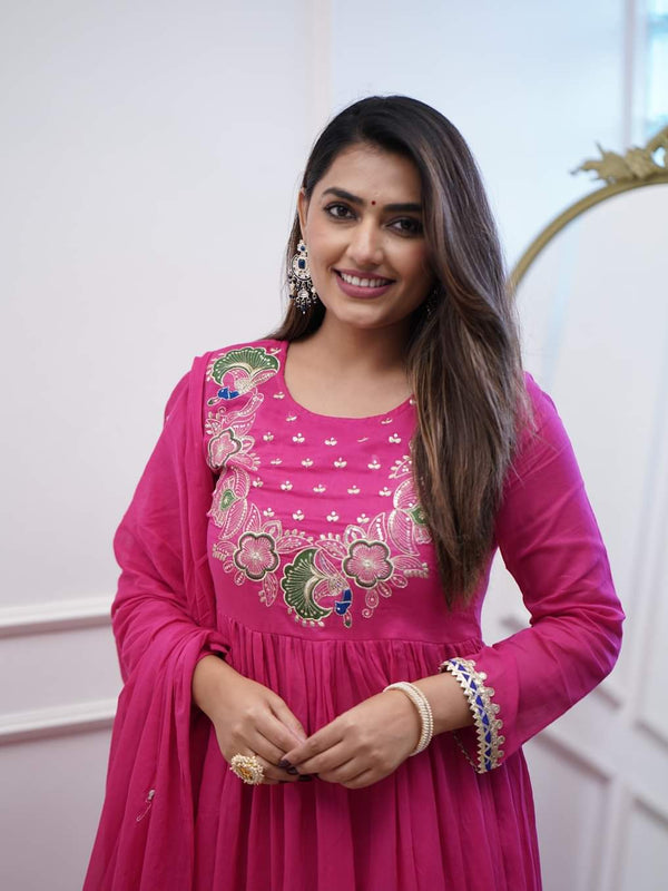 Women’s Chinnon Embroidered Flared Gown With Bottom & Soft Chanderi Cotton Dupatta Set