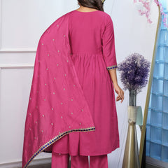 Women’s Chinnon Embroidered Flared Gown With Bottom & Soft Chanderi Cotton Dupatta Set
