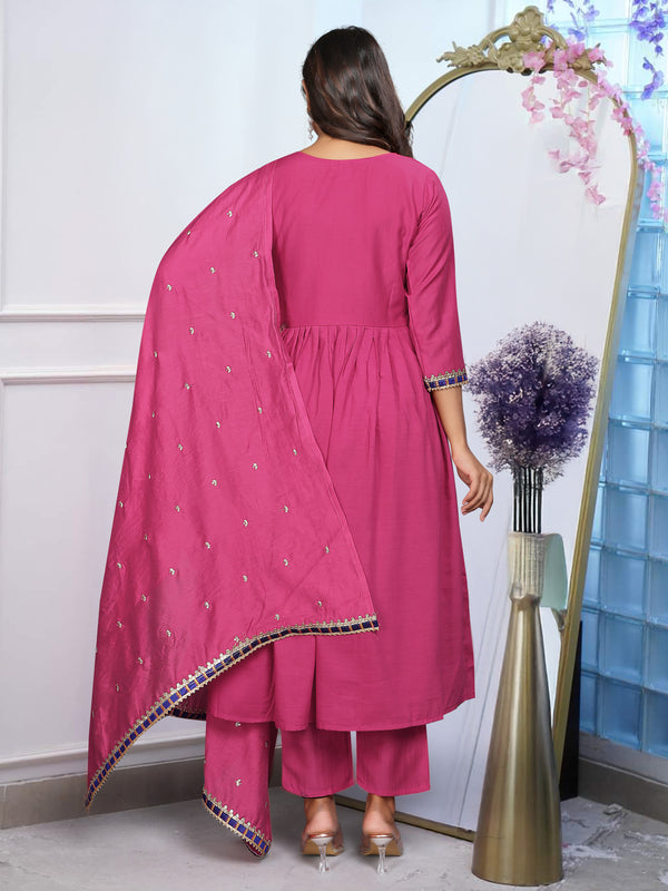 Women’s Chinnon Embroidered Flared Gown With Bottom & Soft Chanderi Cotton Dupatta Set