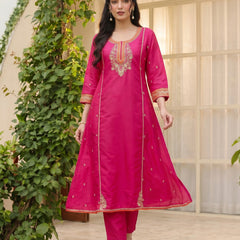 Women's Silk With Cotton Lining Embroidered A-Line Kurta with Pant & Chanderi Cotton Dupatta Set