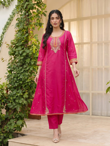 Women's Silk With Cotton Lining Embroidered A-Line Kurta with Pant & Chanderi Cotton Dupatta Set