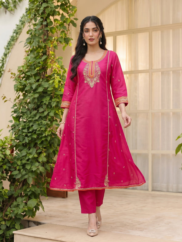 Women's Silk With Cotton Lining Embroidered A-Line Kurta with Pant & Chanderi Cotton Dupatta Set