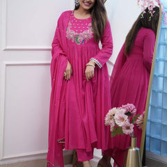 Women’s Chinnon Embroidered Flared Gown With Bottom & Soft Chanderi Cotton Dupatta Set