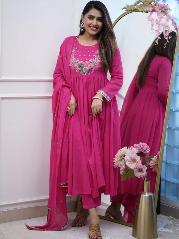 Women’s Chinnon Embroidered Flared Gown With Bottom & Soft Chanderi Cotton Dupatta Set