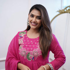 Women’s Chinnon Embroidered Flared Gown With Bottom & Soft Chanderi Cotton Dupatta Set