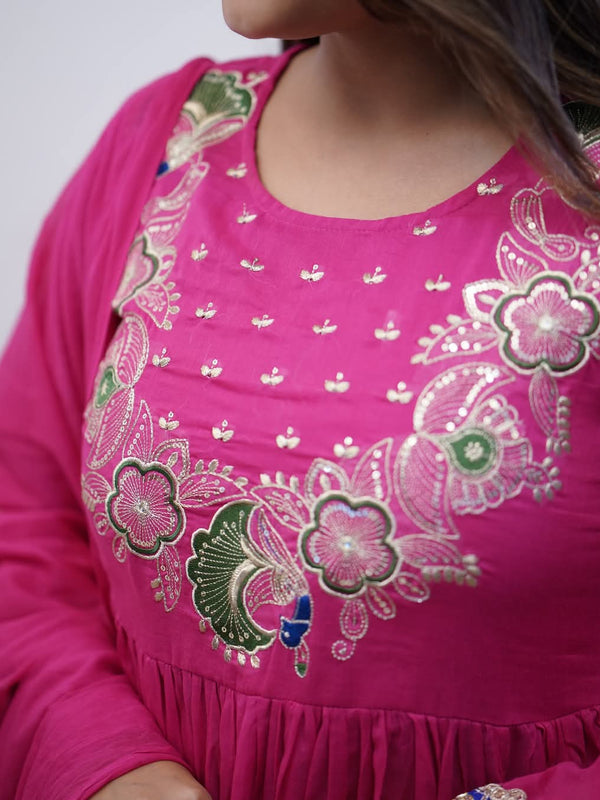 Women’s Chinnon Embroidered Flared Gown With Bottom & Soft Chanderi Cotton Dupatta Set