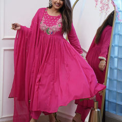 Women’s Chinnon Embroidered Flared Gown With Bottom & Soft Chanderi Cotton Dupatta Set