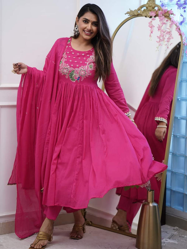 Women’s Chinnon Embroidered Flared Gown With Bottom & Soft Chanderi Cotton Dupatta Set