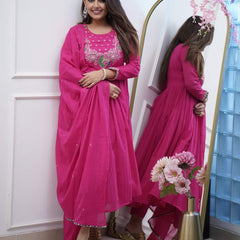 Women’s Chinnon Embroidered Flared Gown With Bottom & Soft Chanderi Cotton Dupatta Set