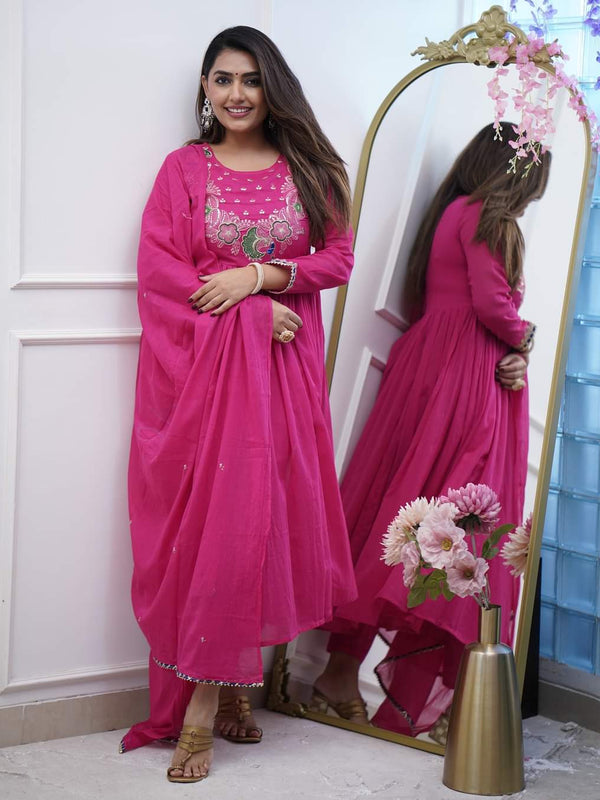 Women’s Chinnon Embroidered Flared Gown With Bottom & Soft Chanderi Cotton Dupatta Set