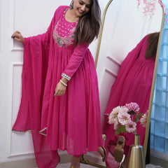 Women’s Chinnon Embroidered Flared Gown With Bottom & Soft Chanderi Cotton Dupatta Set