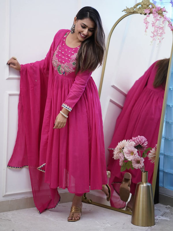 Women’s Chinnon Embroidered Flared Gown With Bottom & Soft Chanderi Cotton Dupatta Set
