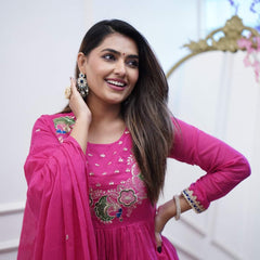 Women’s Chinnon Embroidered Flared Gown With Bottom & Soft Chanderi Cotton Dupatta Set