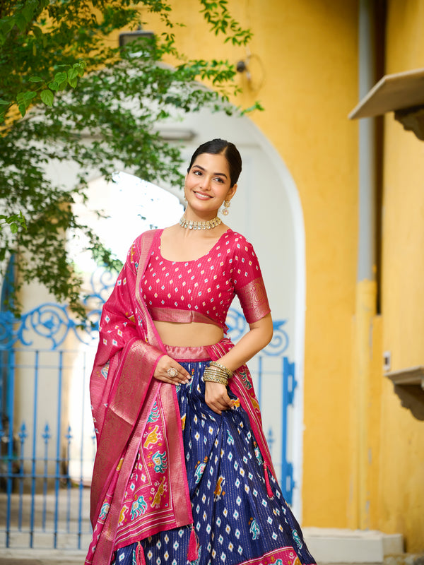 Women's Heavy Lichi Jacquard Lehenga Choli with Printed Dupatta