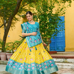 Women's Heavy Lichi Jacquard Lehenga Choli with Printed Dupatta
