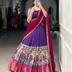 Women's Tusser Silk Floral Print Lehenga Choli with Foil Work & Georgette Dupatta